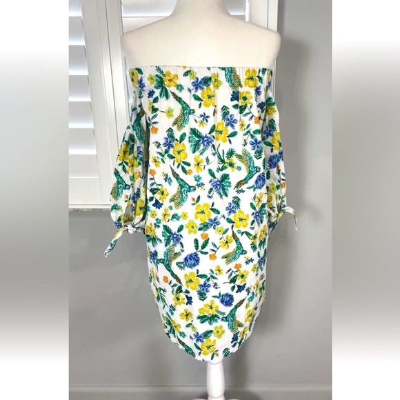 Old Navy Women’s XS Tropical Floral Parrot Bird Print Off Shoulder White Dress - Picture 1 of 15